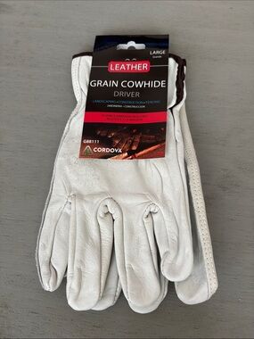 Leather Grain Cowhide Driver Gloves - White, Large